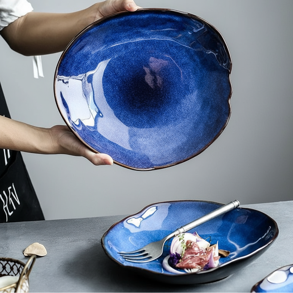 Blue Glazed Ceramic Dinner Plate – Irregular Handmade Tableware