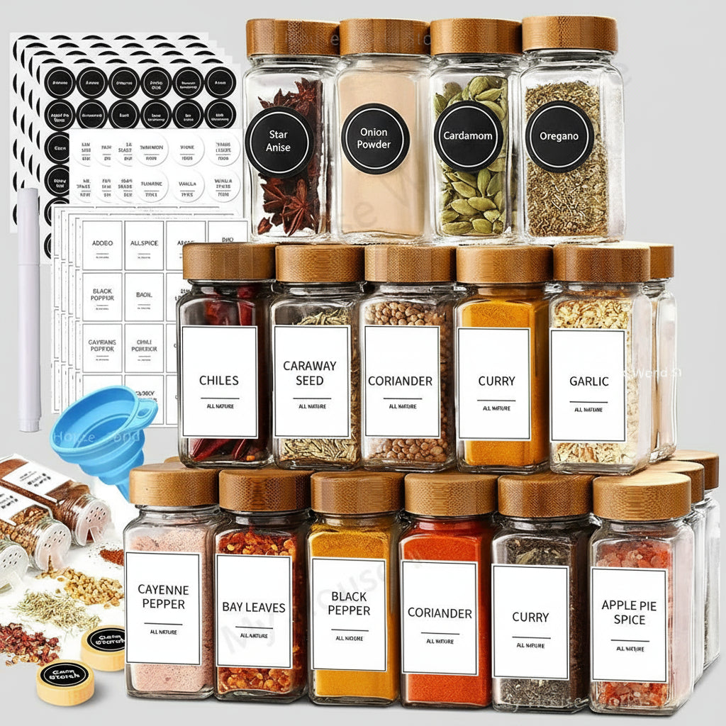Glass spice jar set with bamboo lids, labels, and funnel