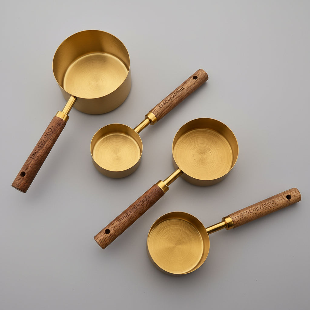 Gold Stainless Steel Measuring Cups & Spoons Set – Wooden Handle Kitchen Tools