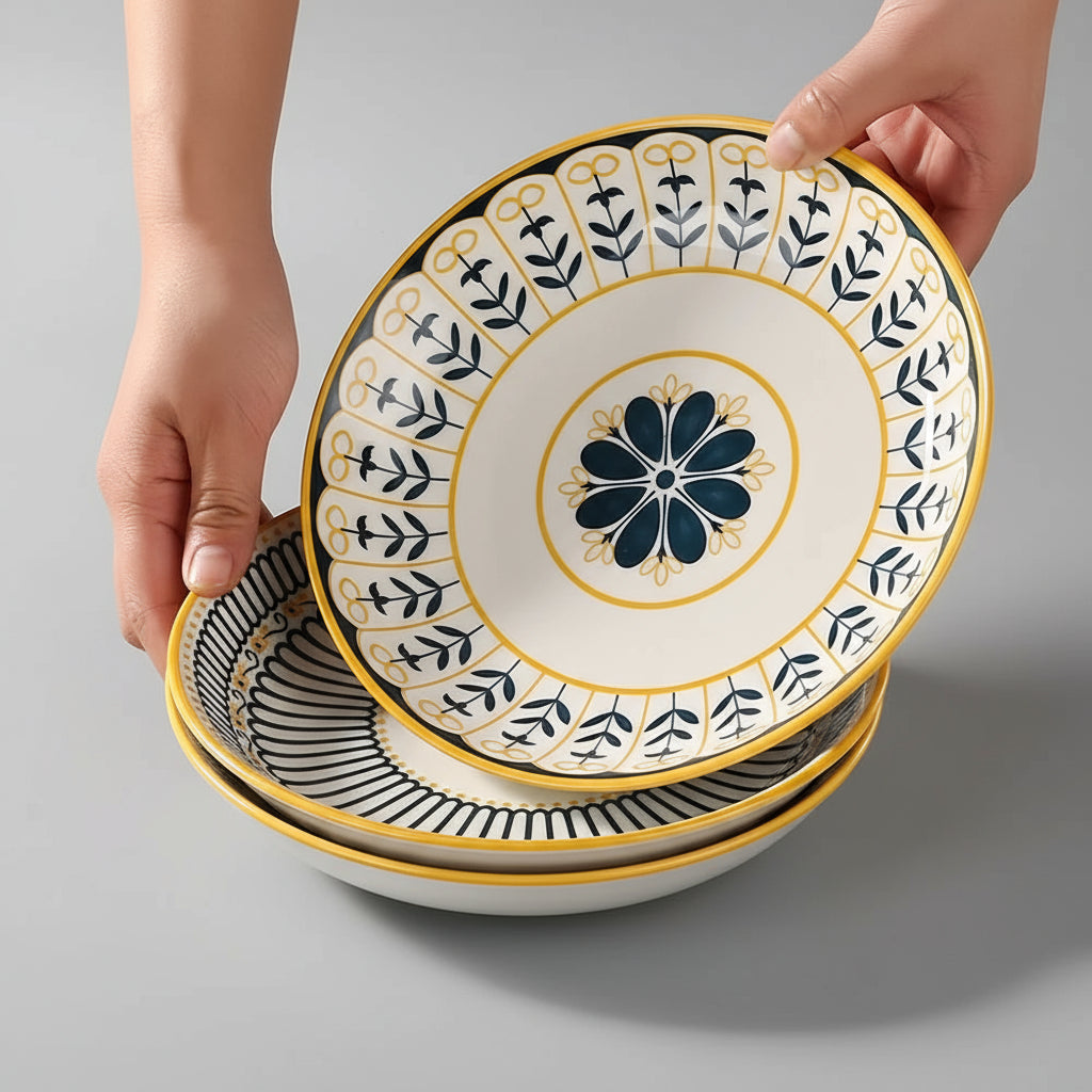 Set of 4 Japanese-Style Ceramic Plates – 8-inch Relief Craft Dinnerware