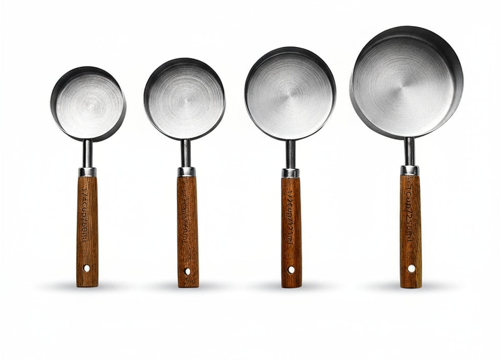 Gold Stainless Steel Measuring Cups & Spoons Set – Wooden Handle Kitchen Tools