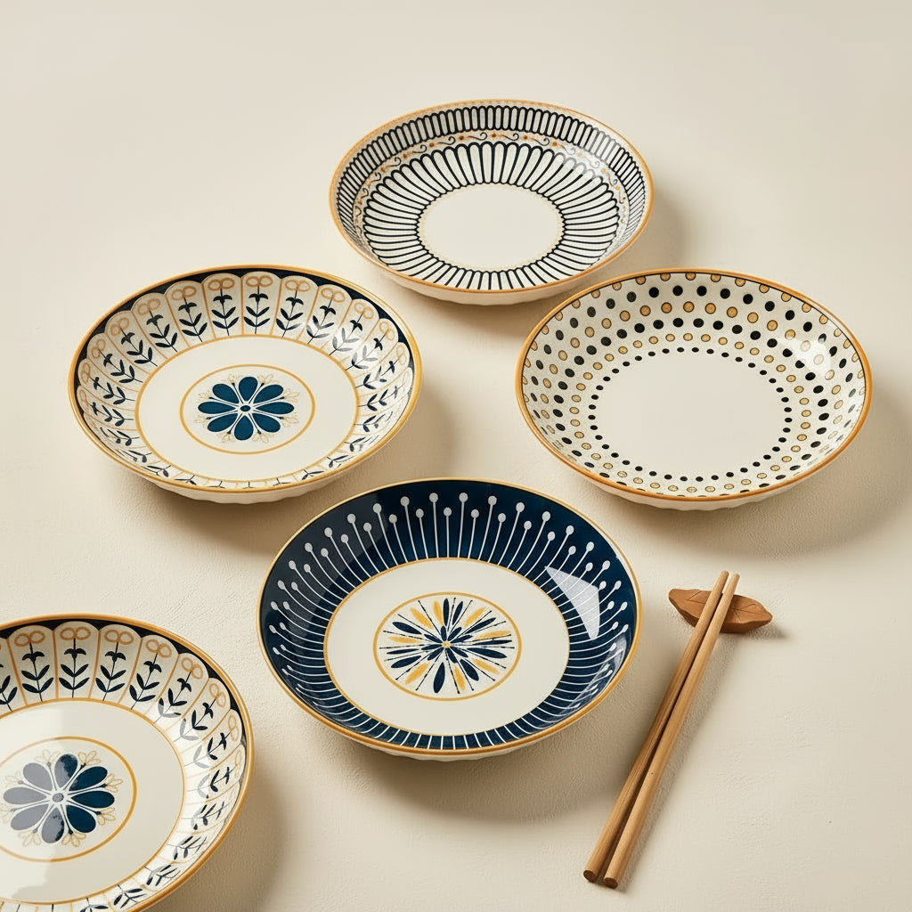 Set of 4 Japanese-Style Ceramic Plates – 8-inch Relief Craft Dinnerware