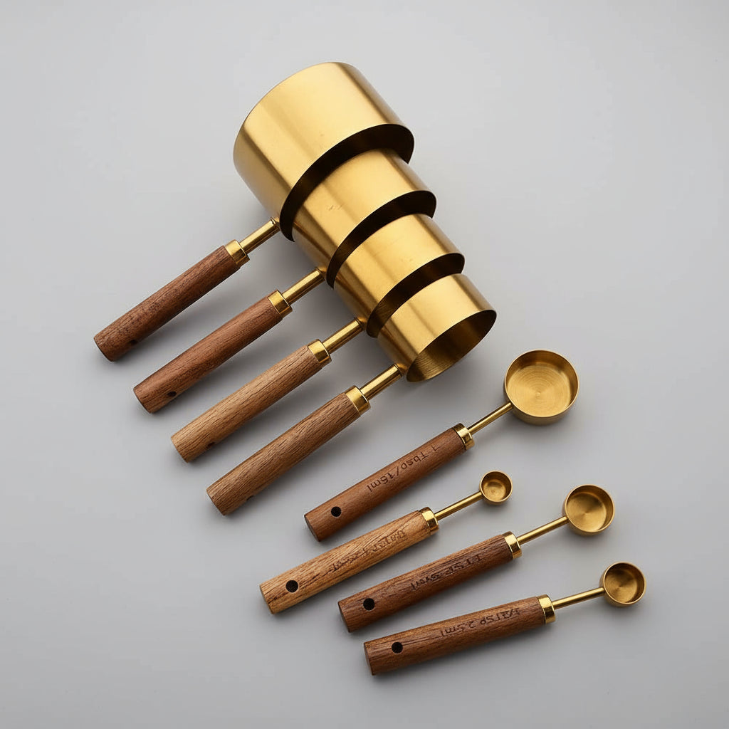 Gold Stainless Steel Measuring Cups & Spoons Set – Wooden Handle Kitchen Tools