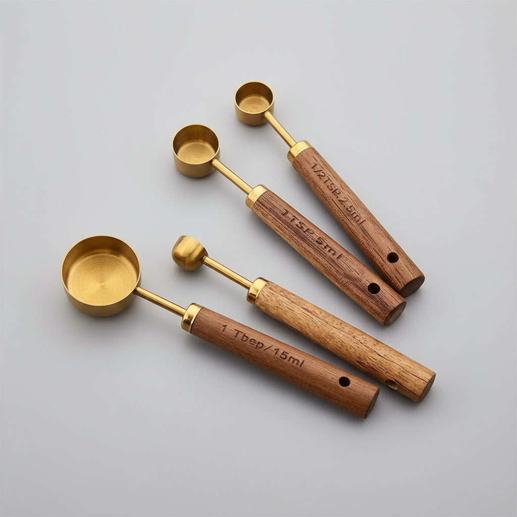Gold Stainless Steel Measuring Cups & Spoons Set – Wooden Handle Kitchen Tools