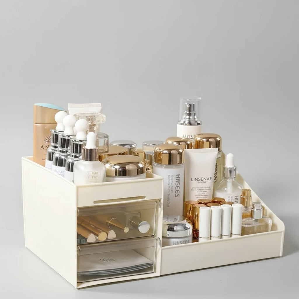 Makeup Organizer Box – Compact Beige Plastic Storage for Cosmetics & Desk Use
