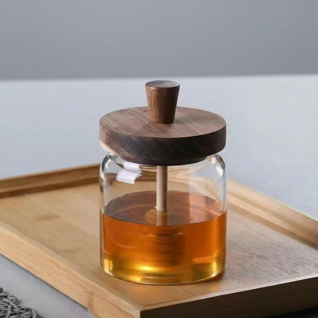 Glass Honey Jar with Wooden Dipper & Lid – Elegant Food-Grade Storage Pot for Honey and Syrup
