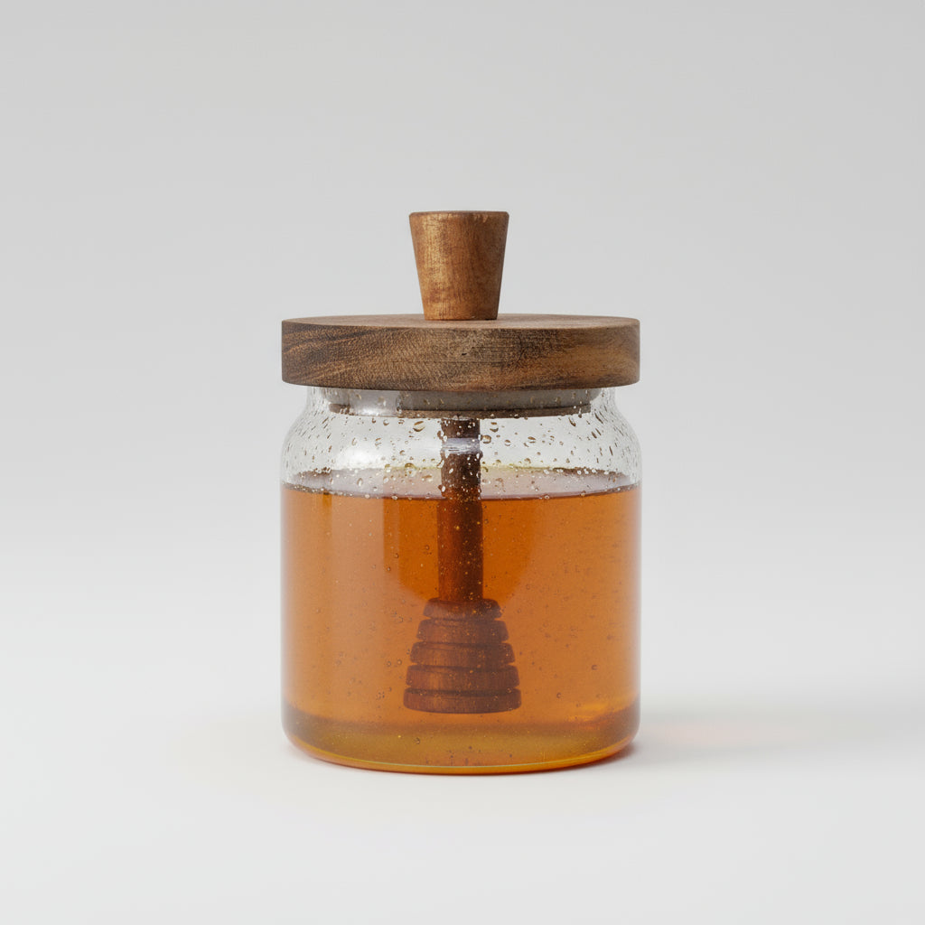 Glass Honey Jar with Wooden Dipper & Lid – Elegant Food-Grade Storage Pot for Honey and Syrup