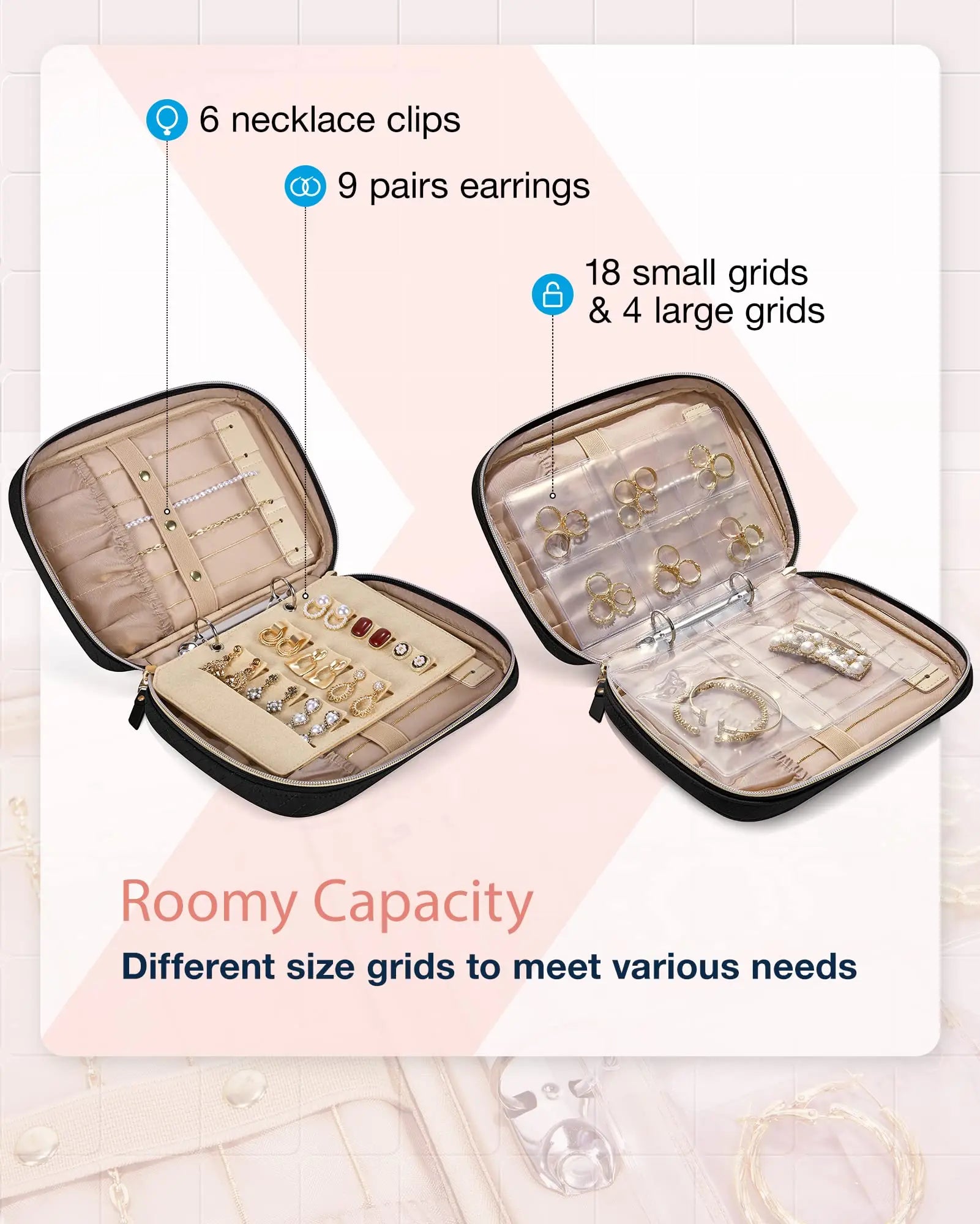 Transparent Jewelry Travel Organizer Book – Velvet Storage Case with Ring Binder & Zipper