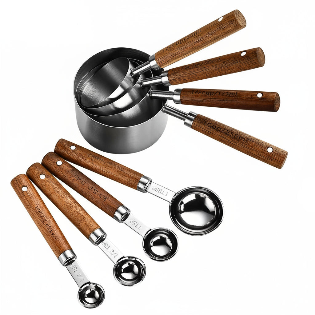 Gold Stainless Steel Measuring Cups & Spoons Set – Wooden Handle Kitchen Tools