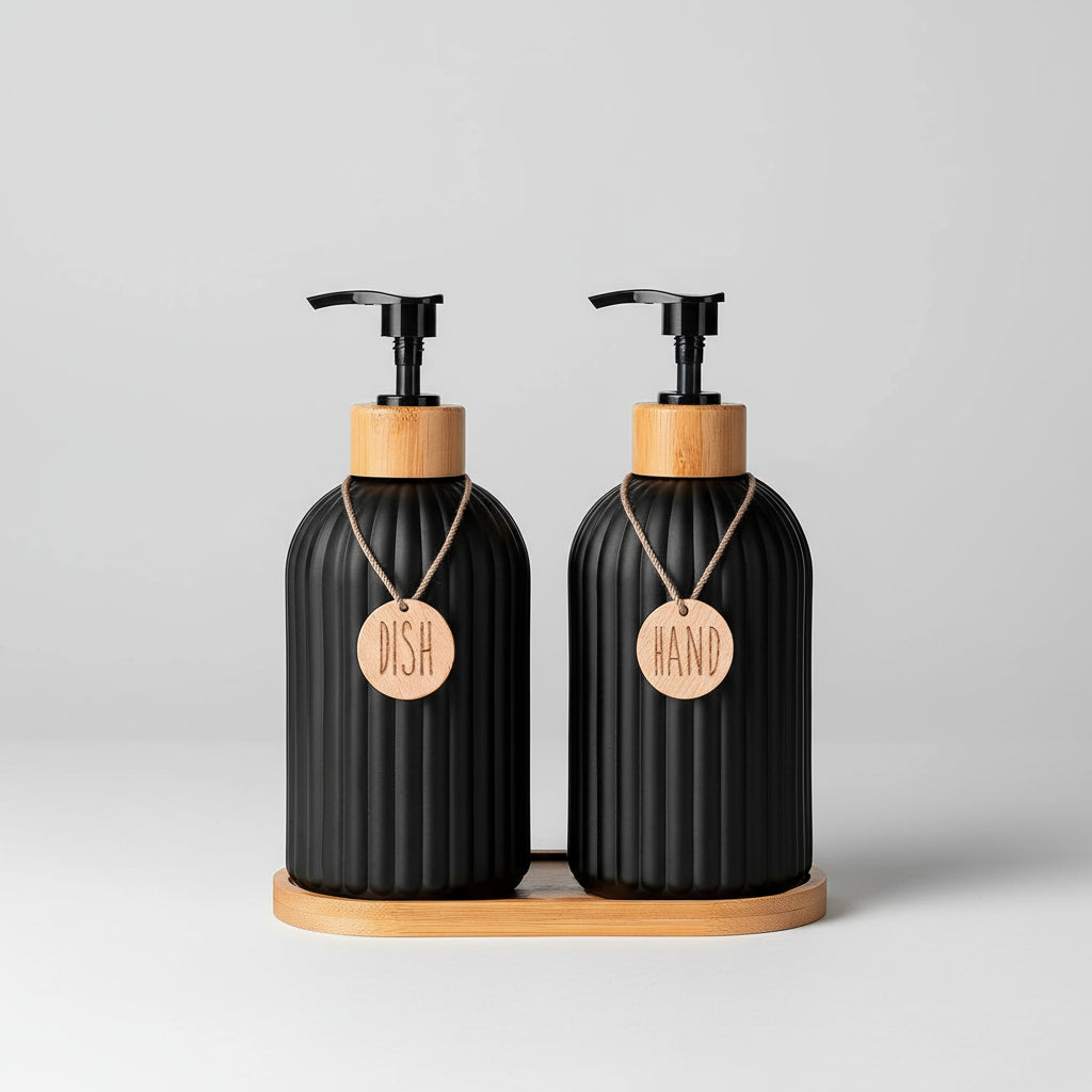 Black Dish & Hand Soap Dispenser Set – Modern Kitchen Counter Bottles with Labels