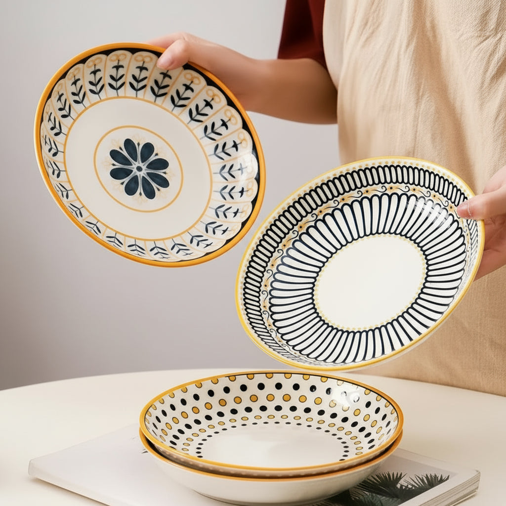 Set of 4 Japanese-Style Ceramic Plates – 8-inch Relief Craft Dinnerware