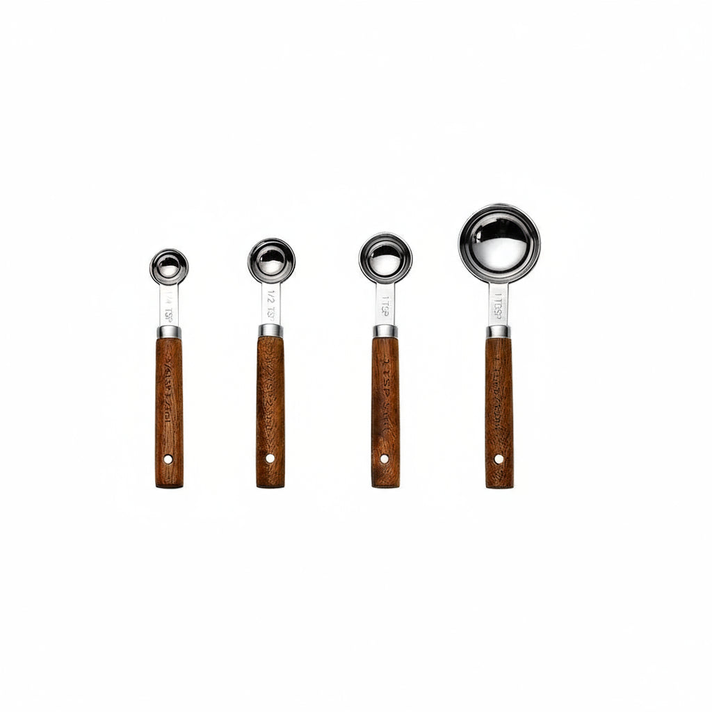 Gold Stainless Steel Measuring Cups & Spoons Set – Wooden Handle Kitchen Tools