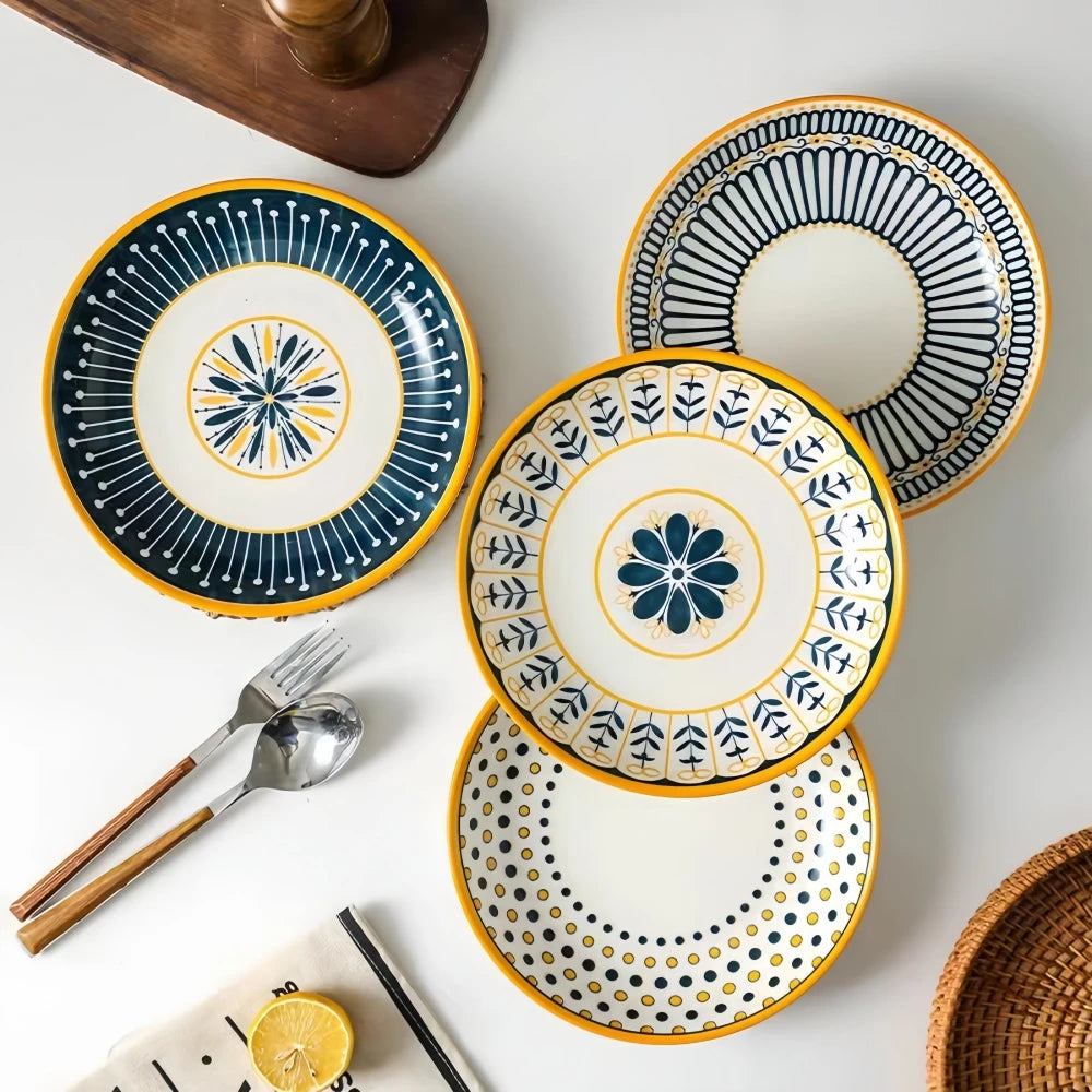 Set of 4 Japanese-Style Ceramic Plates – 8-inch Relief Craft Dinnerware