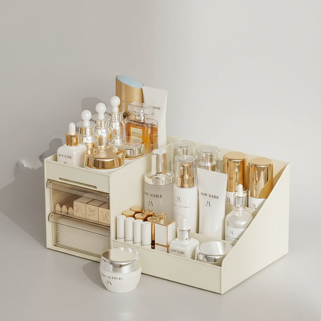 Makeup Organizer Box – Compact Beige Plastic Storage for Cosmetics & Desk Use