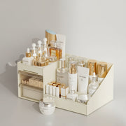 Makeup Organizer Box – Compact Beige Plastic Storage for Cosmetics & Desk Use