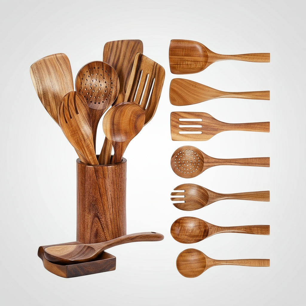 Wooden Cooking Utensil Set – Eco-Friendly Kitchen Tools with Holder 9PCS