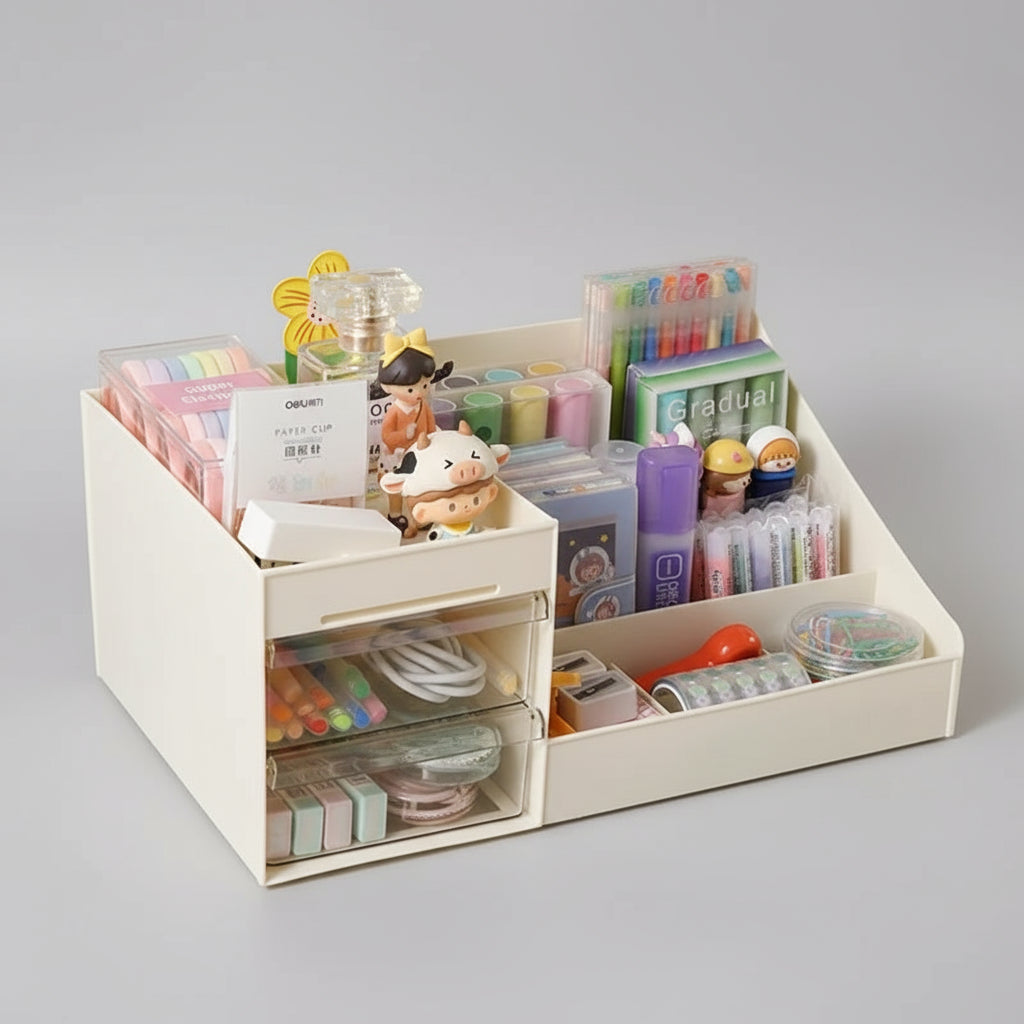 Makeup Organizer Box – Compact Beige Plastic Storage for Cosmetics & Desk Use