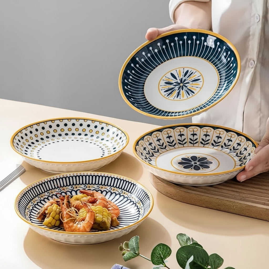 Set of 4 Japanese-Style Ceramic Plates – 8-inch Relief Craft Dinnerware